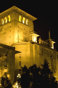 The Johore State Secretariat Building at Johore Bahru, Malaysia, taken at night. Built of Renaissance style with an overlay of Anglo-Malay influence, the building was constructed in 1940.