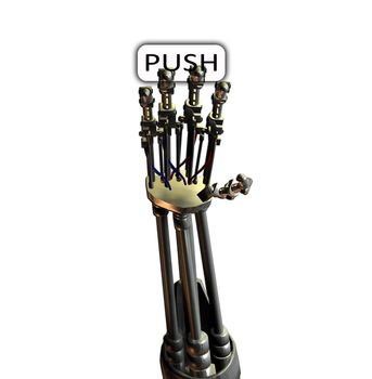A robot hand that is pushing a button.
