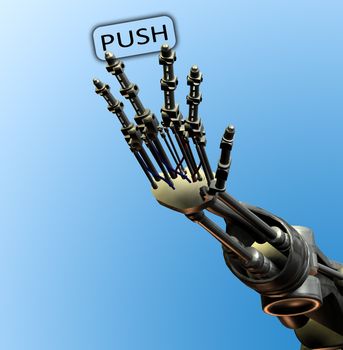 A robot hand that is pushing a button.