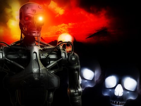  An image of a futuristic war involving androids.