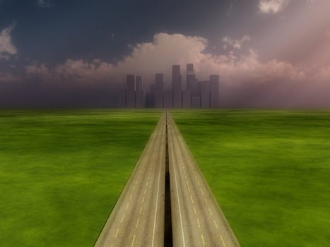 A long road that is heading towards a distant city.