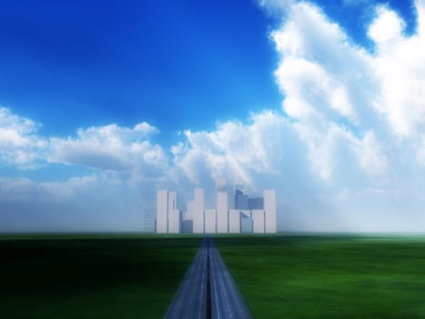 A long road that is heading towards a distant city.