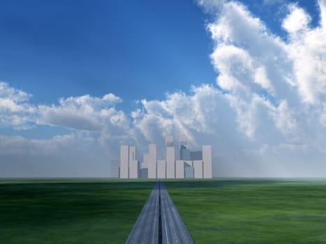 A long road that is heading towards a distant city.