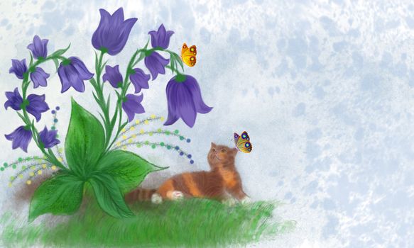 cat with a butterfly on the ear lying next to the bellflower