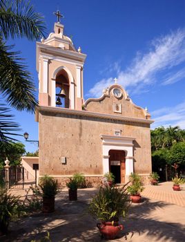 El Quelite church and patio on bright sunny day