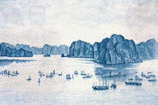 Macro image of Halong Bay, Vietnam on an old currency note.