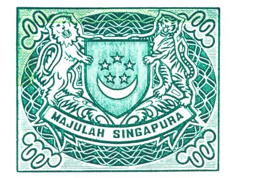 Macro image of the Singapore Coat of Arms on a currency note.