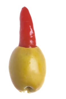Isolated macro image of a pickled pepper olive.
