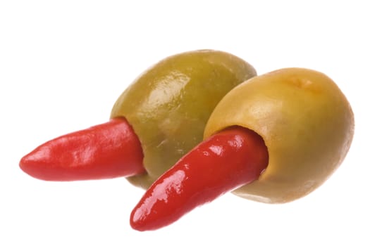 Isolated macro image of pickled pepper olives.