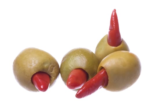 Isolated macro image of pickled pepper olives.