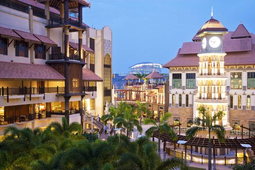 Night image of modern buidings with Malaysian traditional architectural influence.