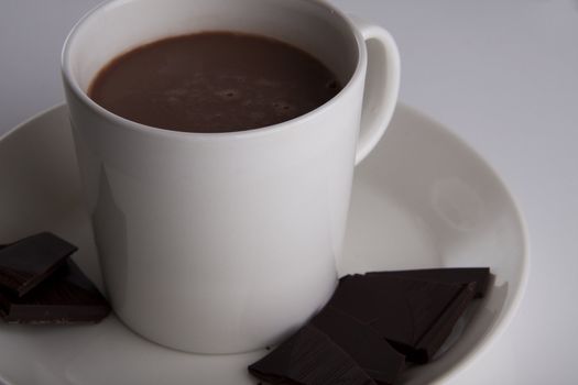 Hot chocolate in a white cup with peices of dark deluxe chocolate on the side