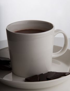 Hot chocolate in a white cup with peices of dark deluxe chocolate on the side