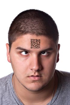 A young man that looks very tired and cross eyed with his eyes looking upward towards his forehead.