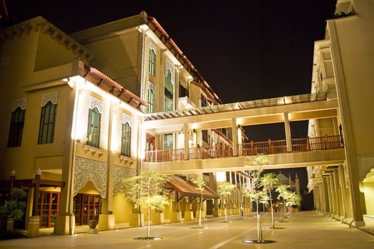 Night image of modern buidings with Malaysian traditional architectural influence.