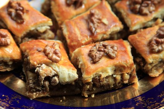 Close up of a baklava on a plate.
