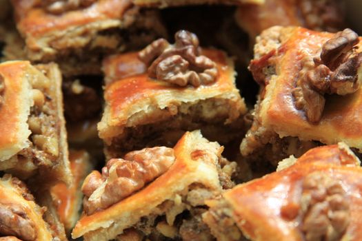 Close up of a baklava on a plate.