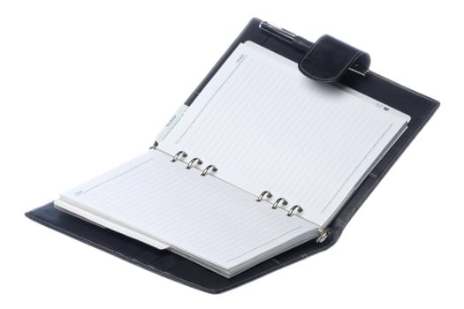 Isolated image of a black leather bound notebook.