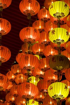 Night image of Chinese New Year lanterns at the Dong Zen Chinese Temple in Malaysia during the Chinese New Year celebration on 26th January 2009.