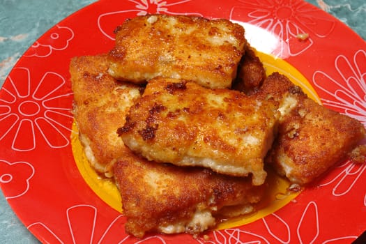 slices of roast fish take photograph close-up                                 