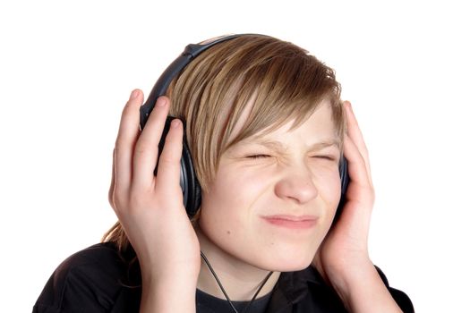 teenager in earphone listens music                                