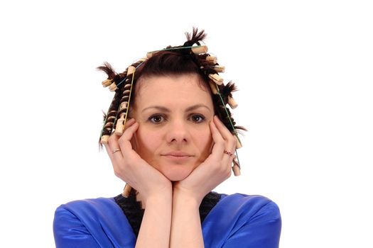 woman in curlers isolated on white background                               