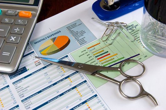 Budget on a wooden desk with a pair of scissors, calculator, stapler, and paper clips