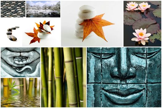 Collage of several zen picture with bamboo stone leaves and flowers