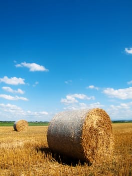 Scenic landscape of a beautiful freshly cut wheat field with haystacks  under blue sky with clouds in southern France