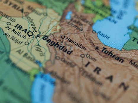 Map of Iraq Iran area with selective focus on Baghdad Iraq