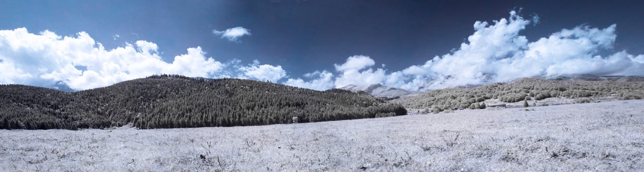 Infrared panoramic landscape in the pyrenees mountains in France
