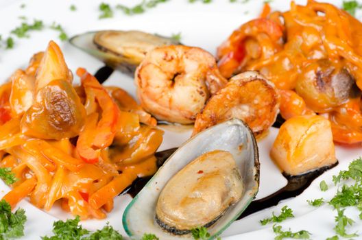 Shrimps mussels and squid tasty seafood dish