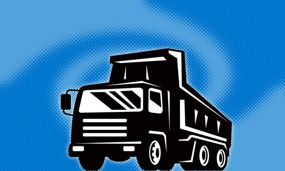 illustration of a construction dump truck lorry done in retro style with halftone dot twirl or swirl in background