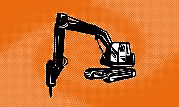 illustration of a construction digger mechanical excavator done in retro style with halftone dot twirl or swirl in background