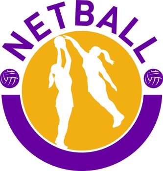 illustration of a netball player shooting ball with another player blocking shot set inside circle with words "netball"