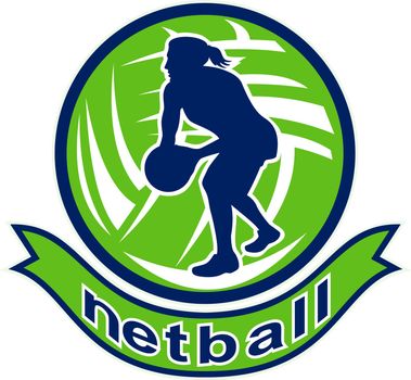 illustration of a netball player passing ball with ball in background 