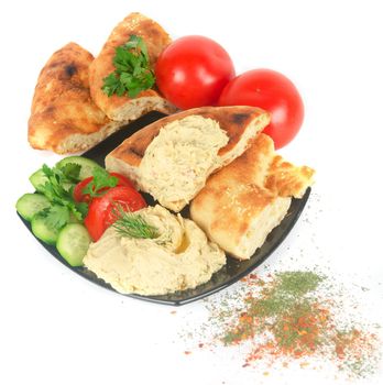 Bread with pate and fresh vegetables of tomatoes and cucumbers