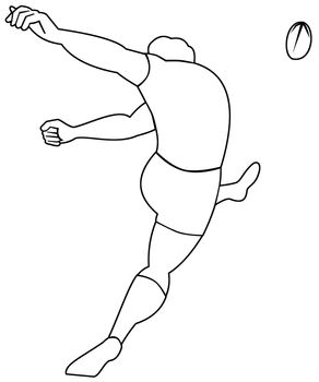 illustration of a Rugby player kicking ball viewed from rear done in black and white