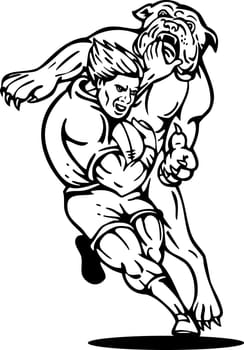 illustration of a rugby player running with the ball tackle attacked by a bulldog on isolated background done in black and white