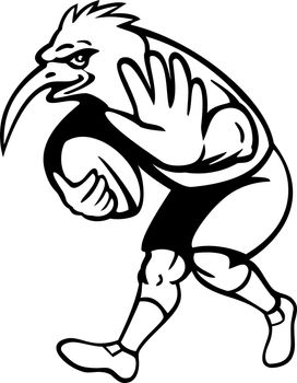 illustration of a cartoon Kiwi bird rugby player with ball fending off done in black and white isolated on white background.