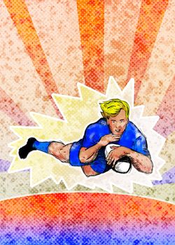 illustration of a Rugby player diving to score a try with grunge  texture and sunburst background