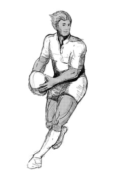 illustration of a Rugby player running passing ball black and white on isolated background