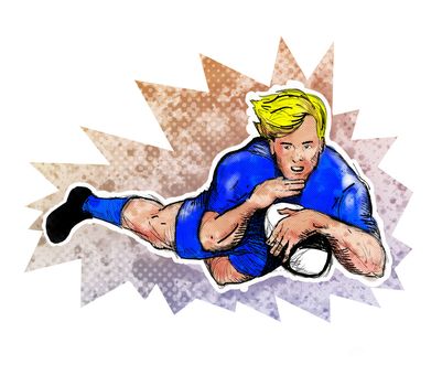 illustration of a Rugby player diving to score a try ball with grunge  texture  background