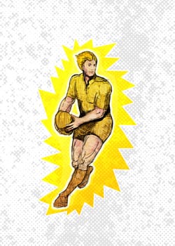 illustration of a Rugby player running passing ball with grunge  texture and sunburst background