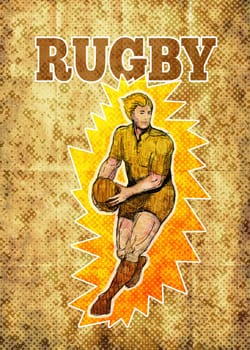 illustration of a Rugby player running passing ball with grunge  texture and sunburst background and words rugby