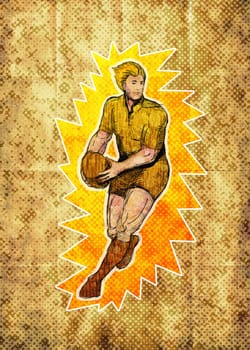 illustration of a Rugby player running passing ball with grunge  texture and sunburst background