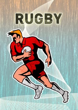 illustration of a rugby player running with the ball on isolated background viewed from side