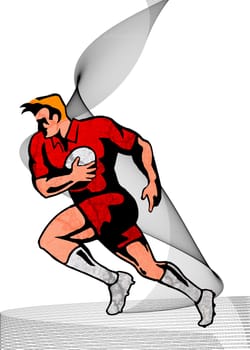 illustration of a rugby player running with the ball on isolated background viewed from side