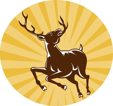 illustration of a stag deer jumping with sunburst in background done in retro style set inside oval