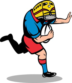 illustration of a rugby player train mascot running fending ball isolated on white